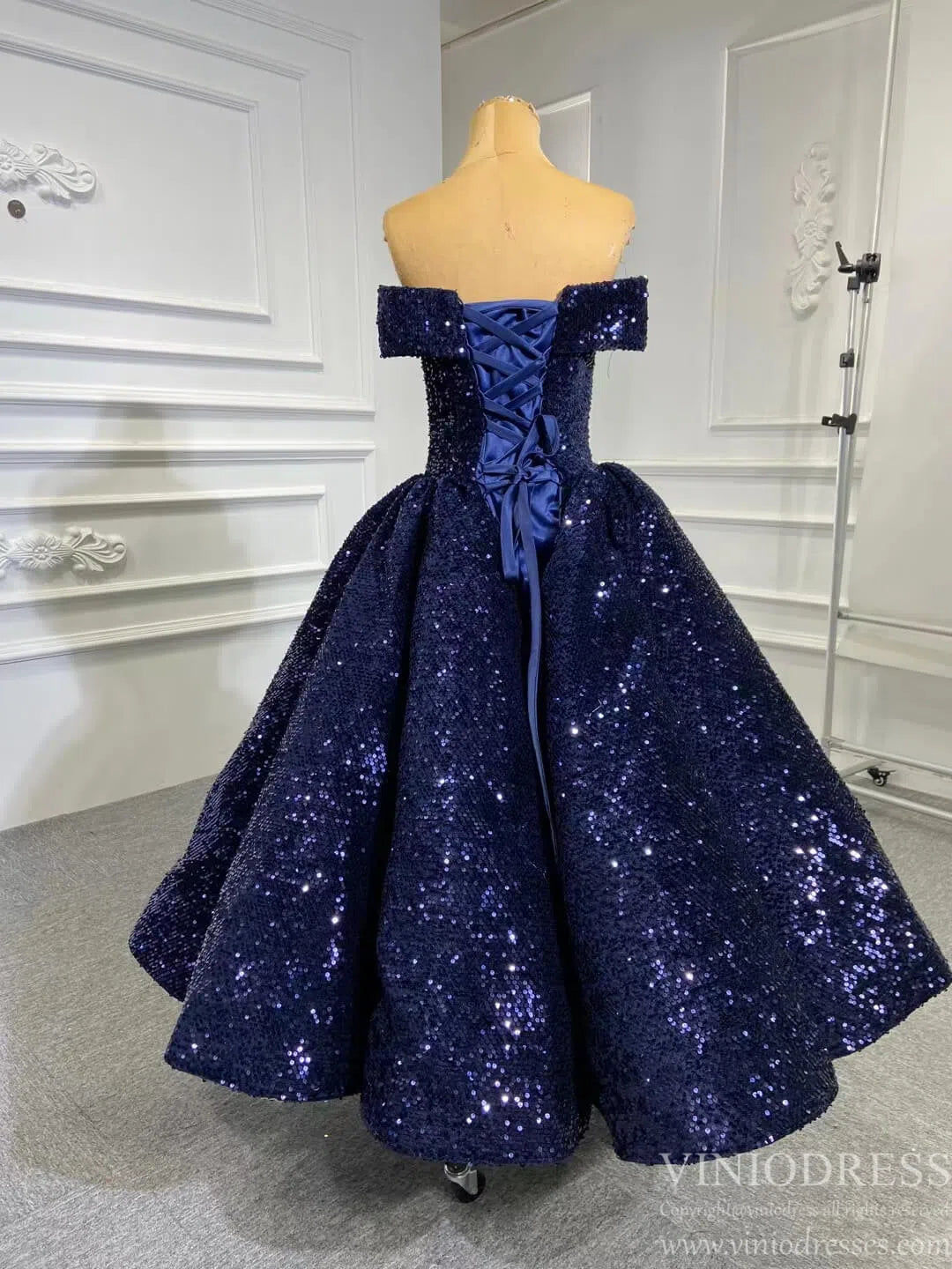 Tea Length Blue Prom Dress Off the Shoulder Formal Gown FD1304-prom dresses 2025 -Viniodress-Navy Blue-Custom Size-