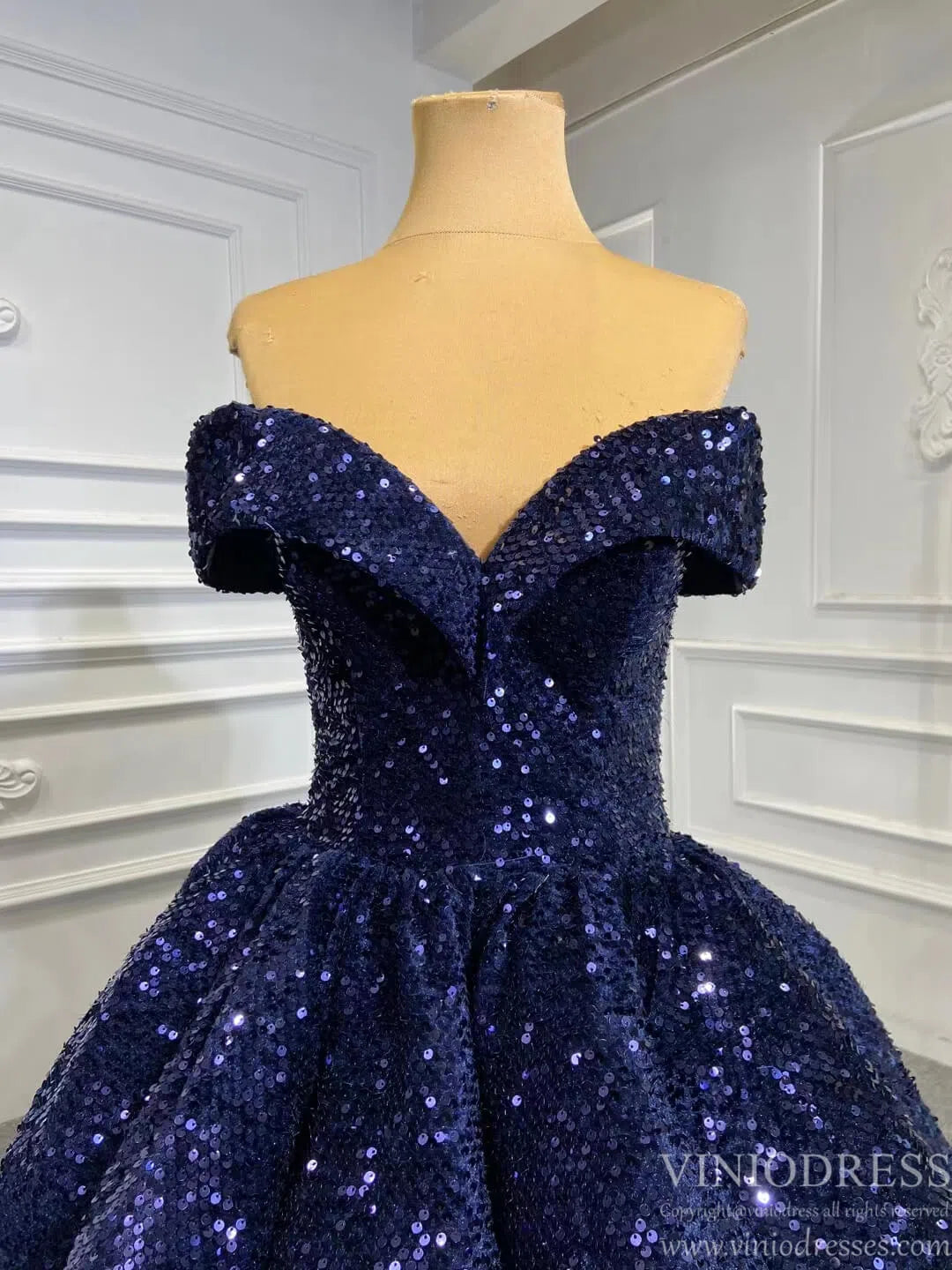 Tea Length Blue Prom Dress Off the Shoulder Formal Gown FD1304-prom dresses 2025 -Viniodress-Navy Blue-Custom Size-
