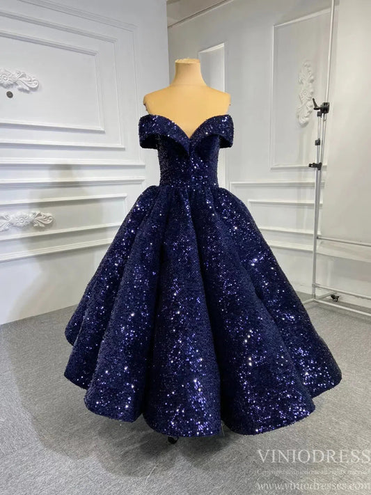 Tea Length Blue Prom Dress Off the Shoulder Formal Gown FD1304-prom dresses 2025 -Viniodress-Navy Blue-Custom Size-