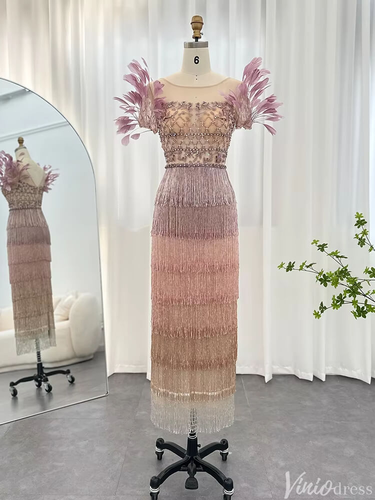Tea Length Lavender 1920s Flapper Dresses Feather Wedding Guest Dress FD2474-Evening Dresses 2025 -Viniodress-Lavender-US 2-
