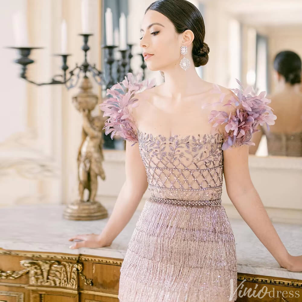 Tea Length Lavender 1920s Flapper Dresses Feather Wedding Guest Dress FD2474-Evening Dresses 2025 -Viniodress-Lavender-US 2-