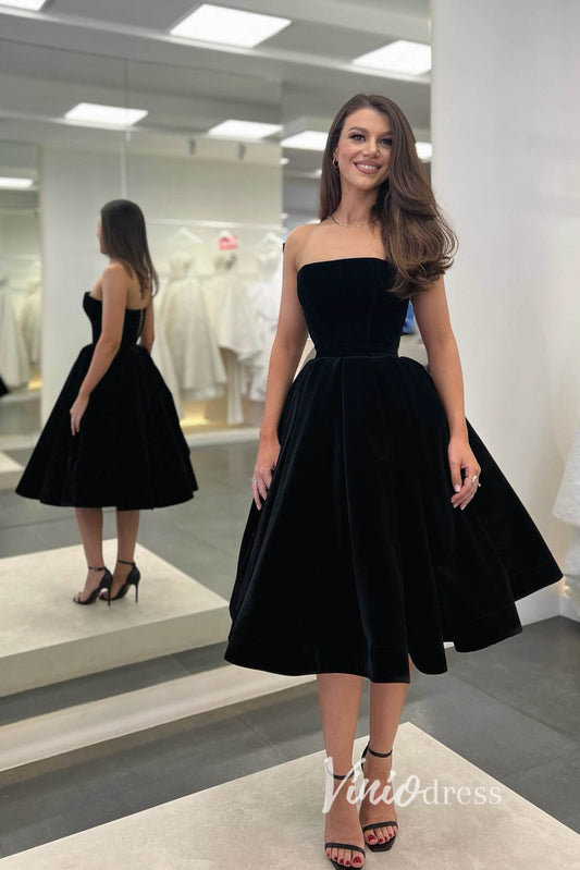 Tea-Length Little Black Dress | Strapless Velvet A-Line Prom Dress & Elegant Short Party Gown FD3251-prom dresses 2025 -Viniodress-Black-Custom Size-