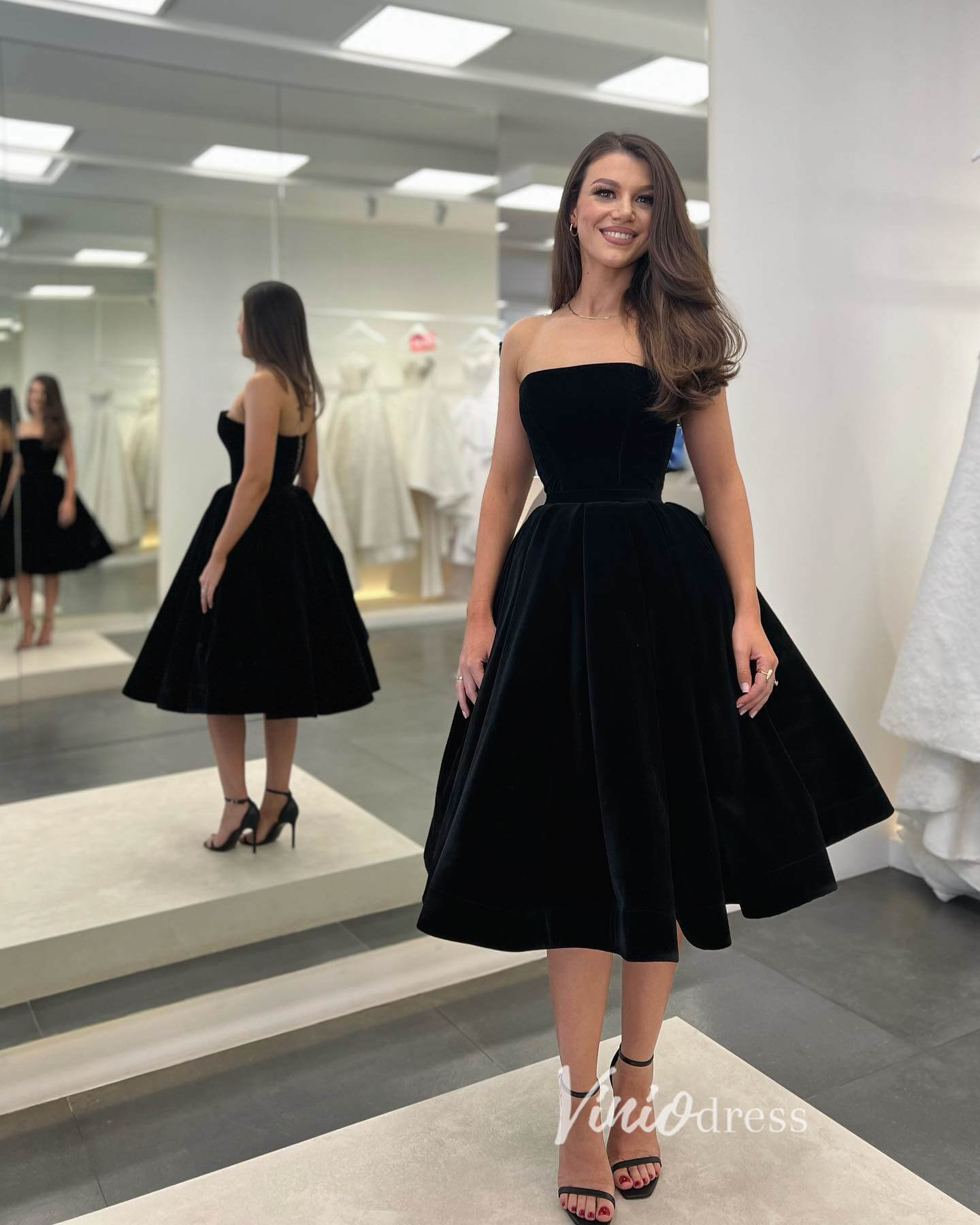 Prom Dress 2025 Tea Length Little Black Dress Velvet Short Prom Dresses FD3251-unique prom dresses-Black-Custom Size-Viniodress