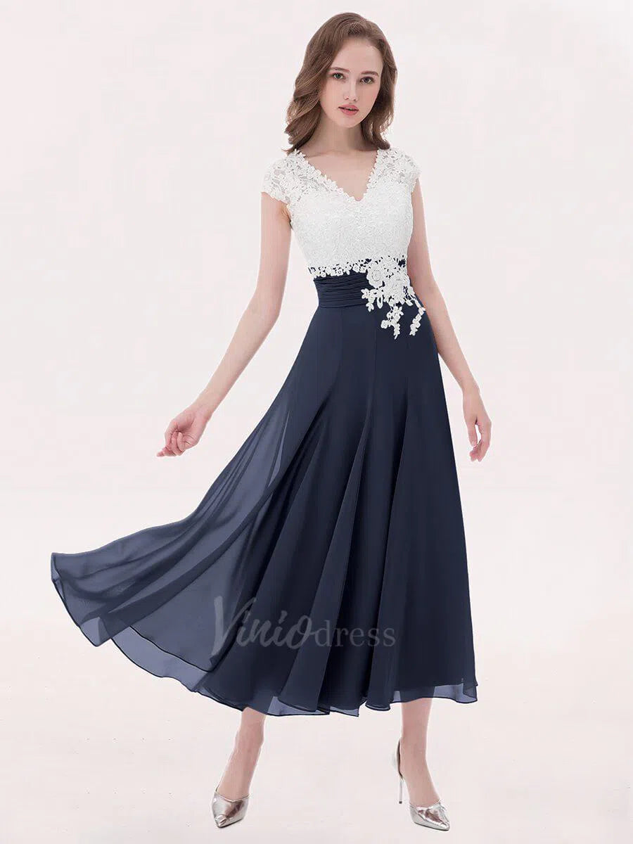 Tea Length Mother of the Bride Dress Lace Bridesmaid Dresses FD1290-bridesmaid dresses 2025 -Viniodress-Navy Blue-Custom Size-