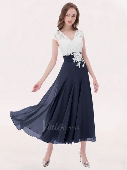 Tea Length Mother of the Bride Dress Lace Bridesmaid Dresses FD1290-bridesmaid dresses 2025 -Viniodress-Navy Blue-Custom Size-