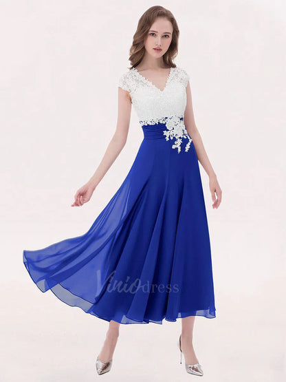 Tea Length Mother of the Bride Dress Lace Bridesmaid Dresses FD1290-bridesmaid dresses 2025 -Viniodress-Royal Blue-Custom Size-