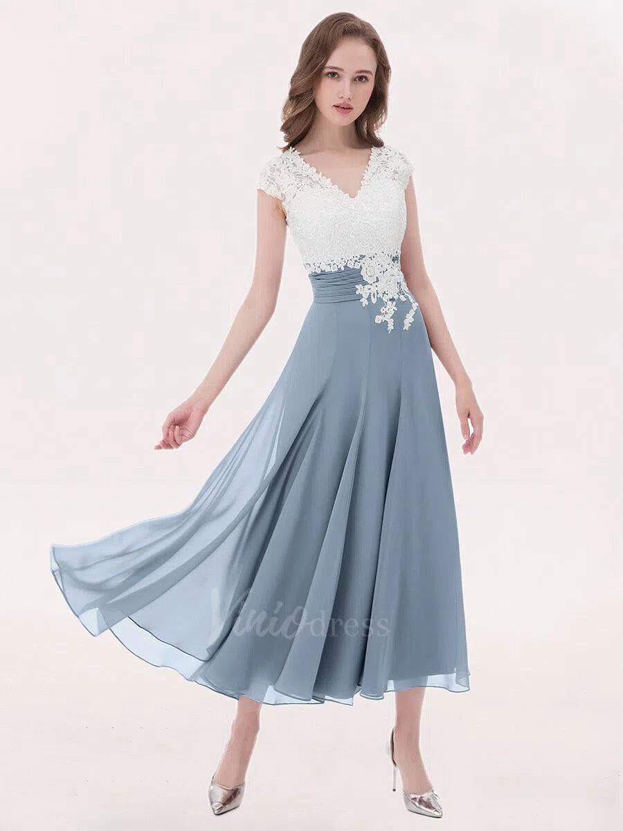 Tea Length Mother of the Bride Dress Lace Bridesmaid Dresses FD1290-bridesmaid dresses 2025 -Viniodress-Slate Blue-Custom Size-