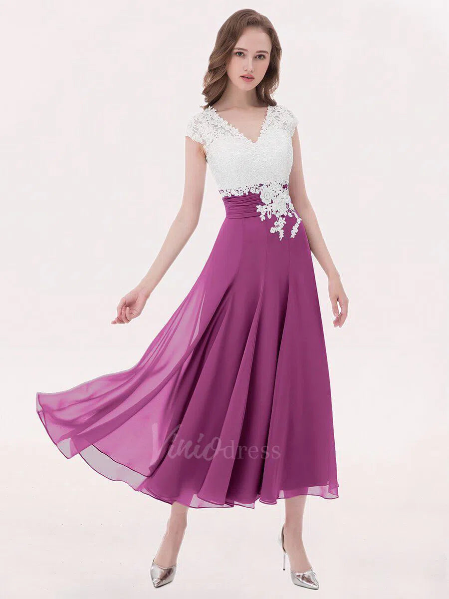 Tea Length Mother of the Bride Dress Lace Bridesmaid Dresses FD1290-bridesmaid dresses 2025 -Viniodress-Slate Blue-Custom Size-