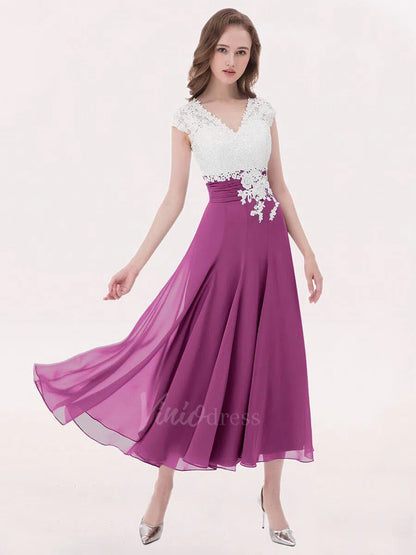 Tea Length Mother of the Bride Dress Lace Bridesmaid Dresses FD1290-bridesmaid dresses 2025 -Viniodress-Slate Blue-Custom Size-