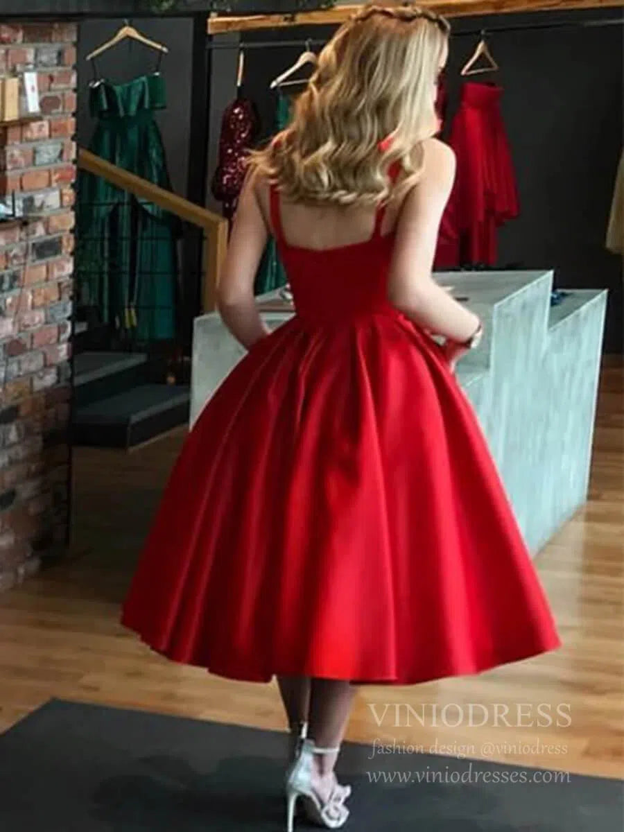 Tea Length Red 60s Party Dresses Simple Prom Dress with Pockets SD1167-prom dresses-Viniodress-Viniodress