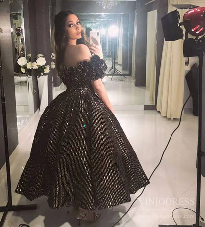 Tea Length Shimmering Sequin Prom Dresses Couture Ball Gowns FD1281B viniodress-prom dresses 2025 -Viniodress-Gold-US 2-