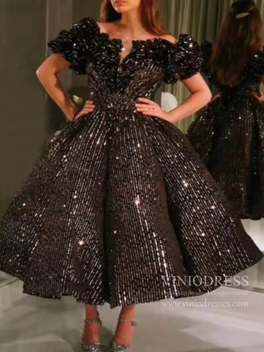 Tea Length Shimmering Sequin Prom Dresses Couture Ball Gowns FD1281B viniodress-prom dresses 2025 -Viniodress-Gold-US 2-