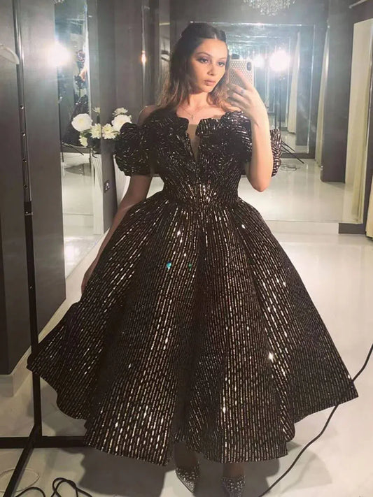 Tea Length Shimmering Sequin Prom Dresses Couture Ball Gowns FD1281B viniodress-prom dresses 2025 -Viniodress-Gold-US 2-