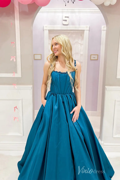 Teal Ball Gown Prom Dress with Floral Strap Detail, Pleated Bodice, Lace-Up Back, Pockets – AS012-prom dresses 2025 -Viniodress-Teal-Custom Size-