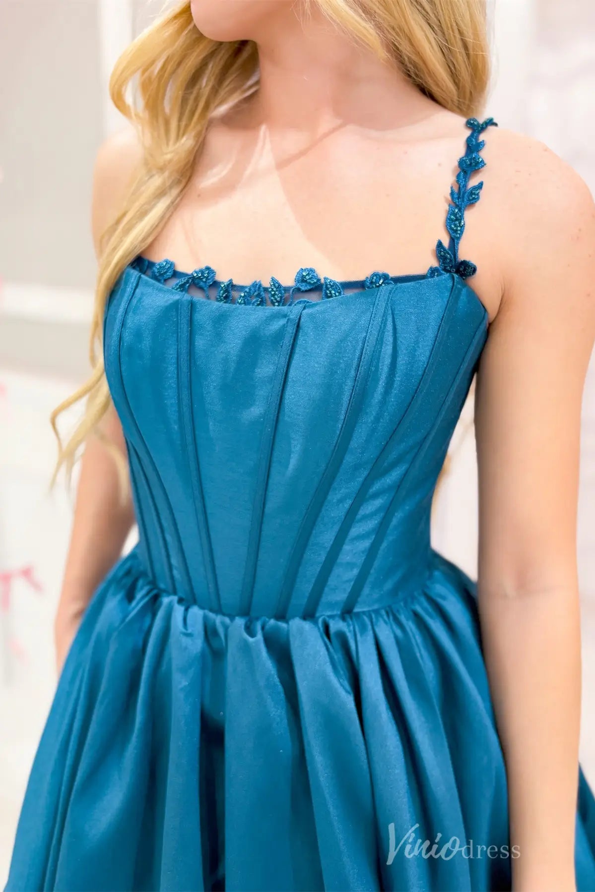 Teal Ball Gown Prom Dress with Floral Strap Detail, Pleated Bodice, Lace-Up Back, Pockets – AS012-prom dresses 2025 -Viniodress-Teal-Custom Size-