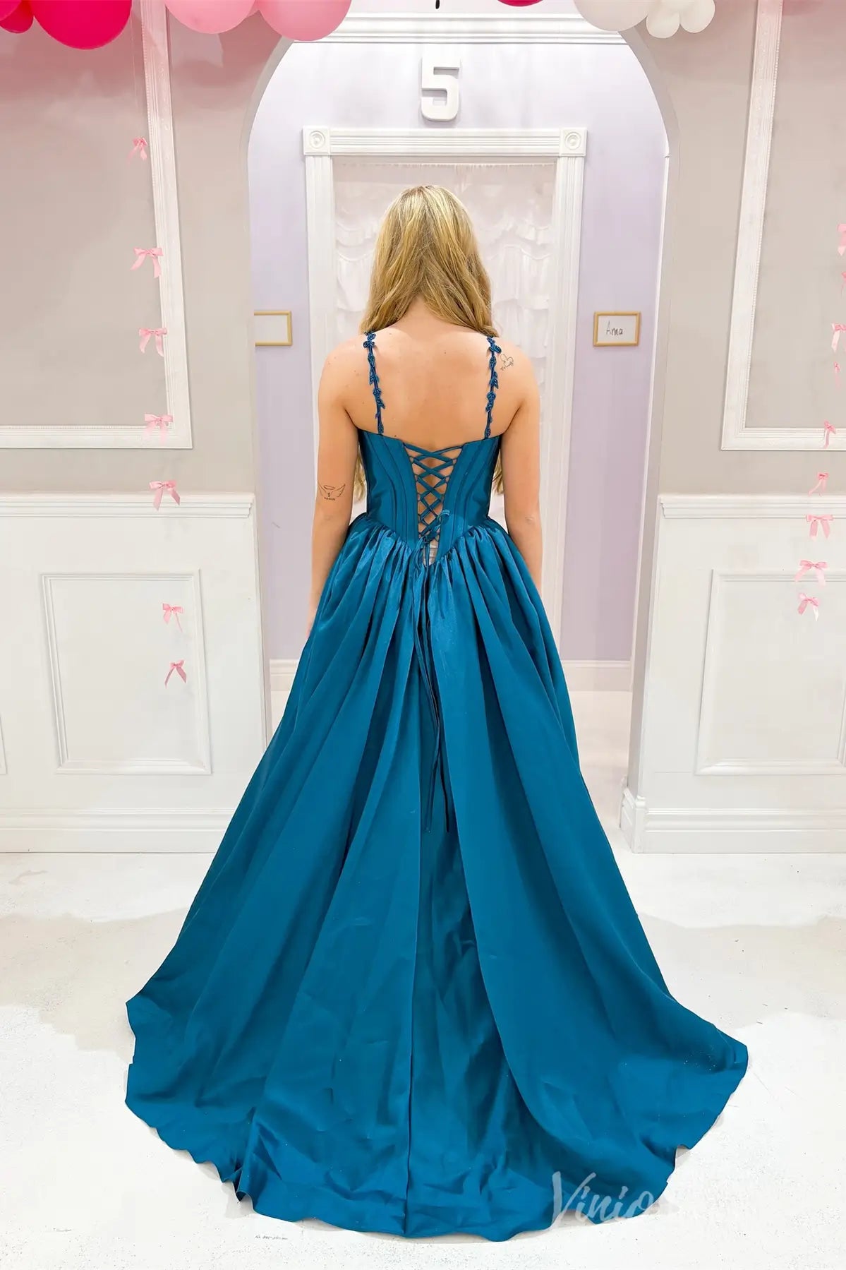 Teal Ball Gown Prom Dress with Floral Straps, Lace-Up Back, Pockets AS012 Viniodress Teal Ball Gown Prom Dress with Floral Straps, Lace-Up Back, Pockets AS012 Viniodress
