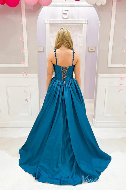 Teal Ball Gown Prom Dress with Floral Strap Detail, Pleated Bodice, Lace-Up Back, Pockets – AS012-prom dresses 2025 -Viniodress-Teal-Custom Size-
