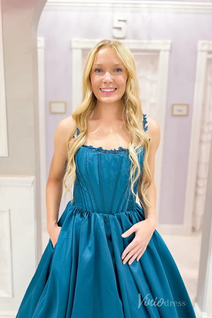 Teal Ball Gown Prom Dress with Floral Strap Detail, Pleated Bodice, Lace-Up Back, Pockets – AS012-prom dresses 2025 -Viniodress-Teal-Custom Size-