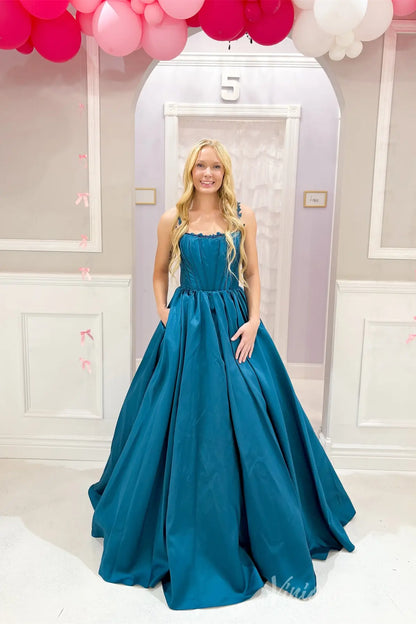 Teal Ball Gown Prom Dress with Floral Strap Detail, Pleated Bodice, Lace-Up Back, Pockets – AS012-prom dresses 2025 -Viniodress-Teal-Custom Size-