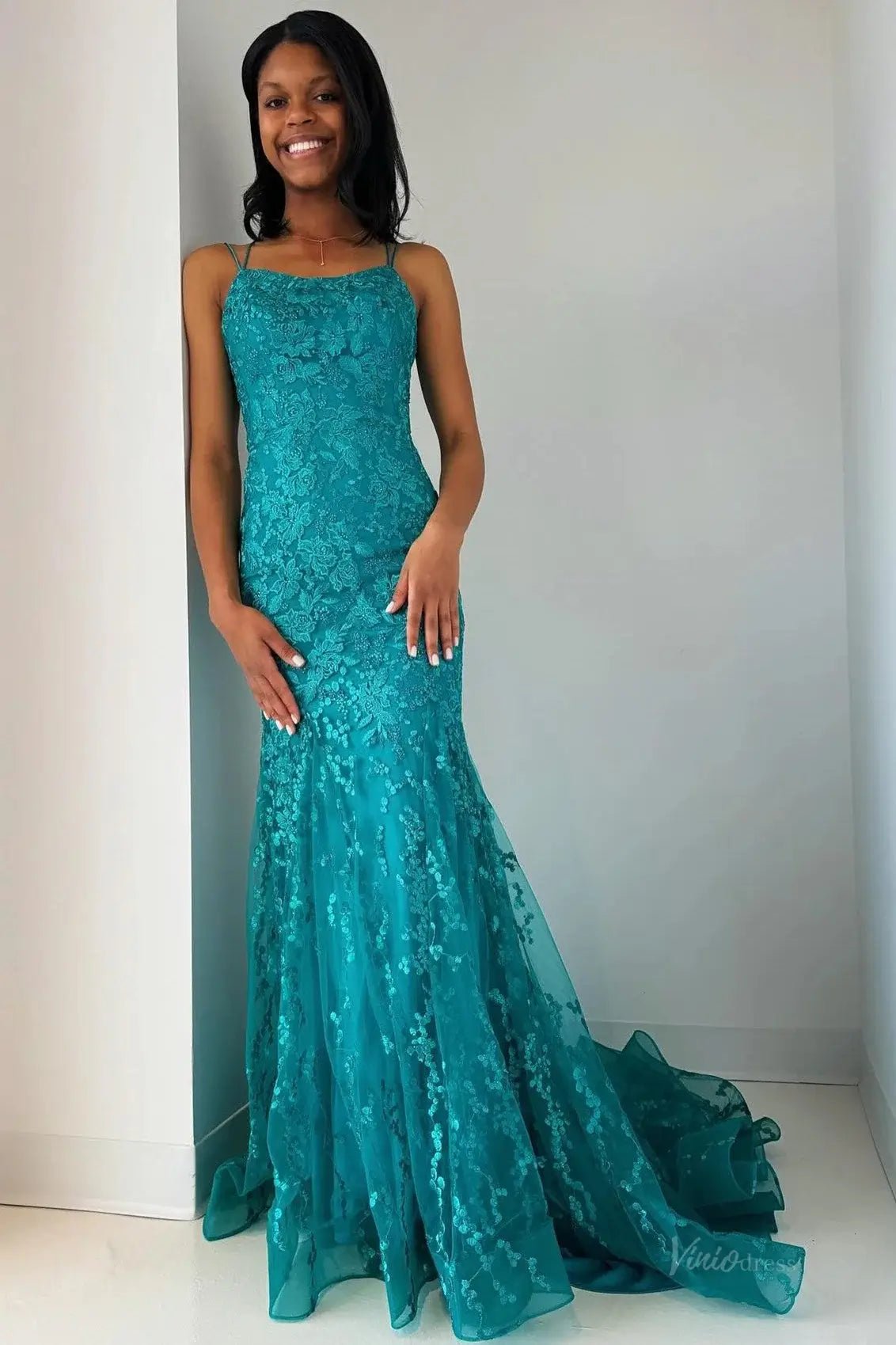 Teal Blue Lace Mermaid Prom Dress 2025 with Spaghetti Strap & Lace Up Back – FD5039-prom dresses 2025 -Viniodress-Blue-Custom Size-
