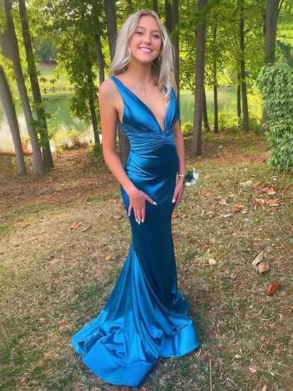 Teal Blue Satin Mermaid Prom Dresses 2025 with V-Neck & Pleated Bodice – FD5051-prom dresses 2025 -Viniodress-Blue-Custom Size-