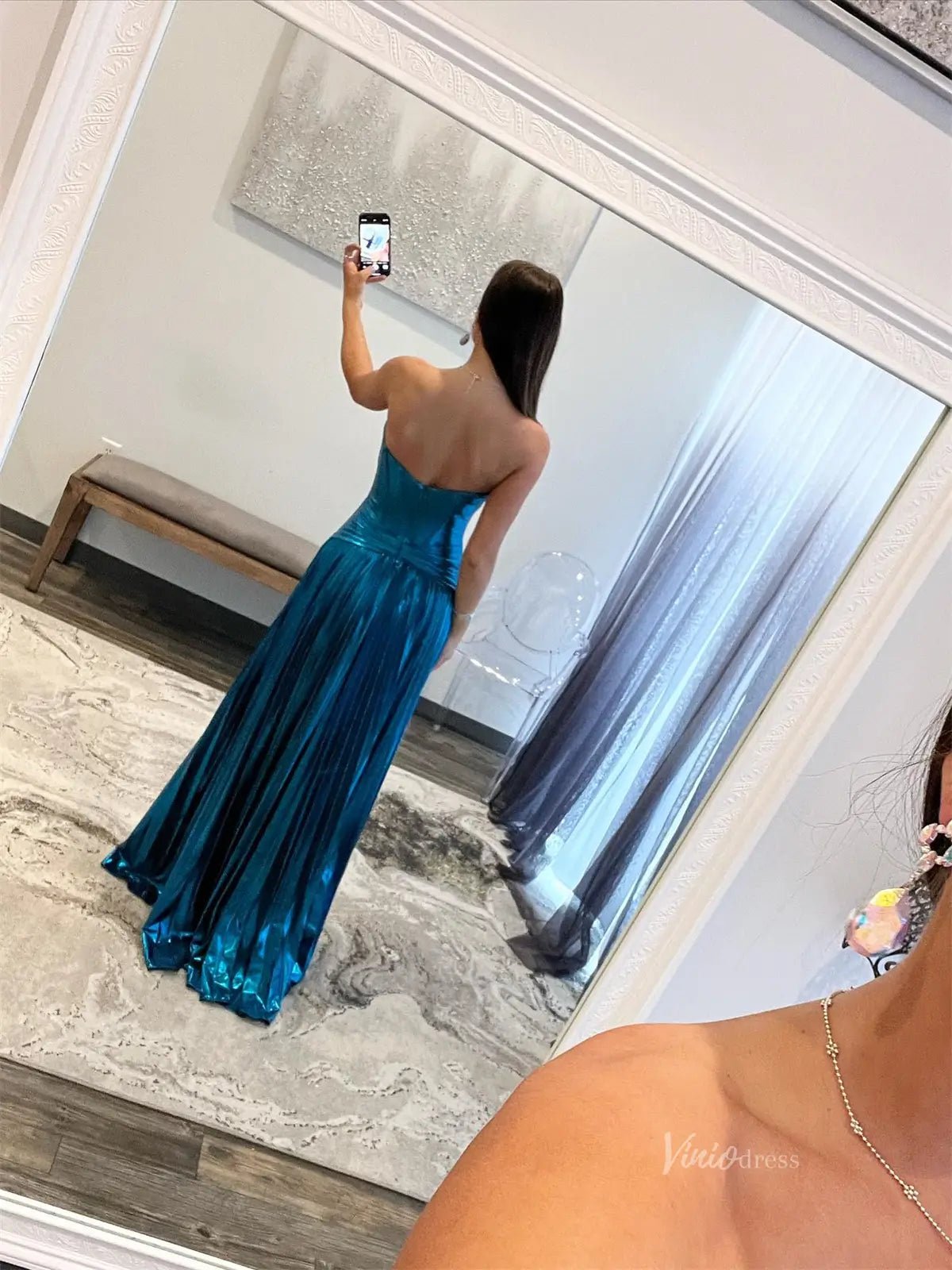 Teal Blue Sparkly Satin Prom Dresses Strapless Sweetheart Neckline Formal Dress - FD5183-prom dresses 2025 -Viniodress-Blue-Custom Size-