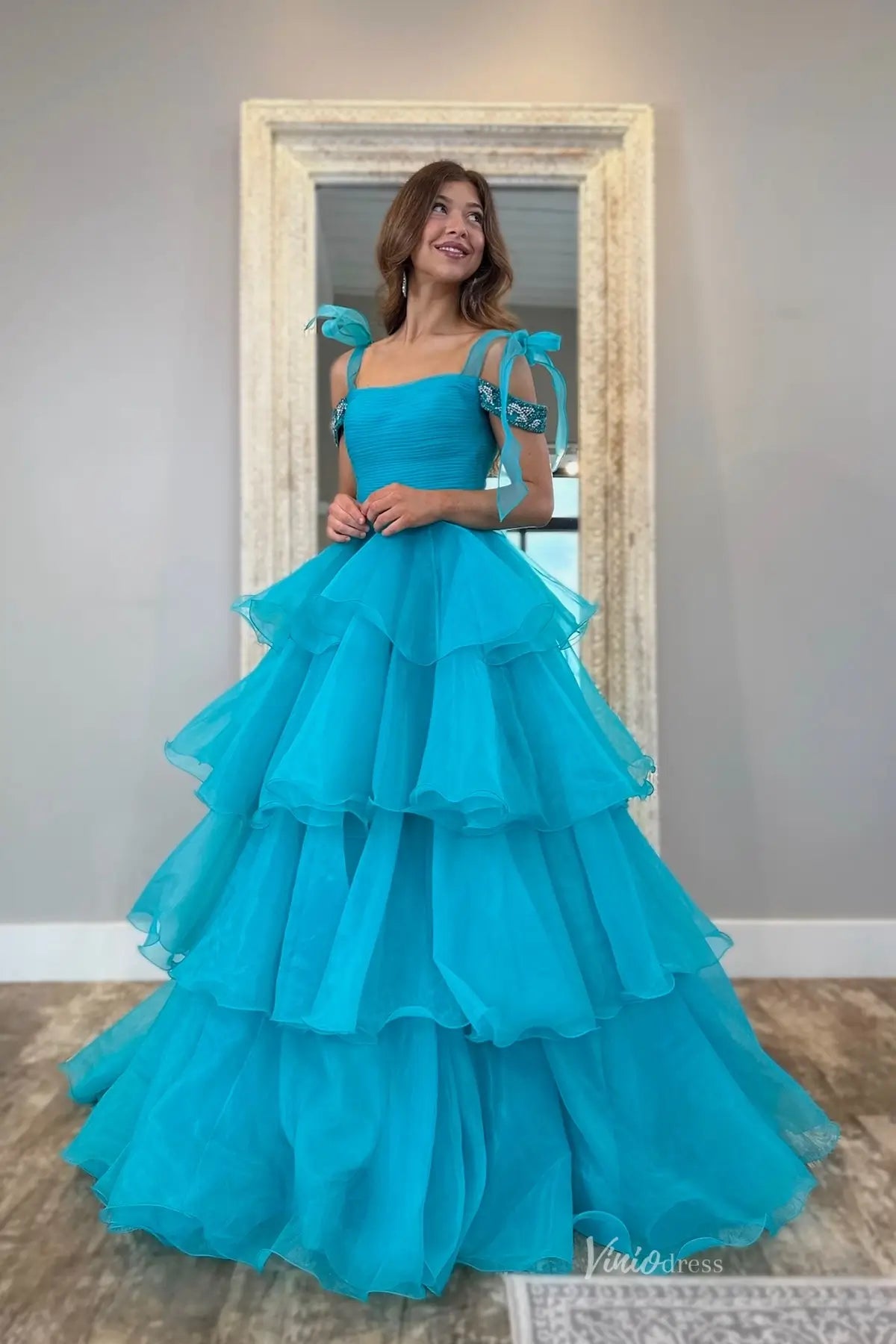 Teal Blue Tiered Organza Prom Dresses with Square Neckline and Bow Shoulder Straps RF037-prom dresses 2026-Viniodress-Teal-Custom Size-
