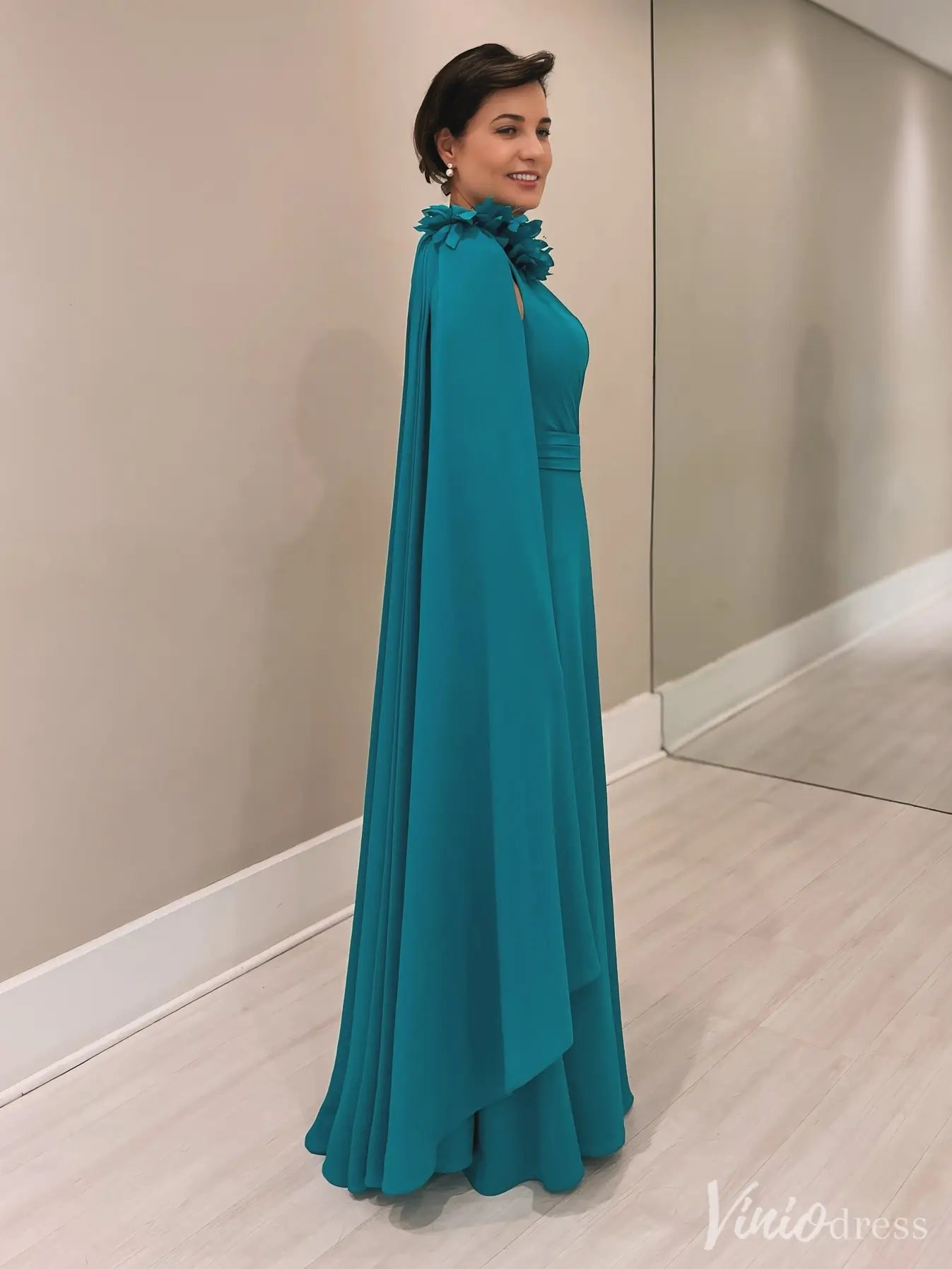 Teal One-Shoulder Evening Gown – Elegant Chiffon Dress with Floral Shoulder Detail | IS004-prom dresses 2025 -Viniodress-Teal-Custom Size-