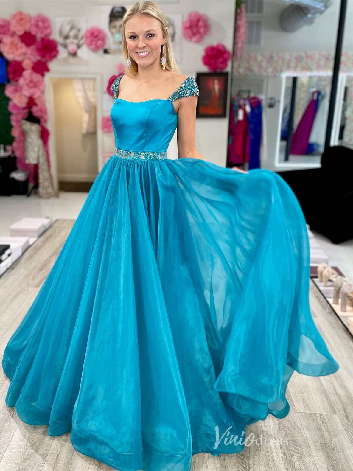 Teal Organza Prom Dresses Satin Bodice Sequin Waist Formal Dress FD3980-prom dresses-Viniodress-Teal-Custom Size-Viniodress