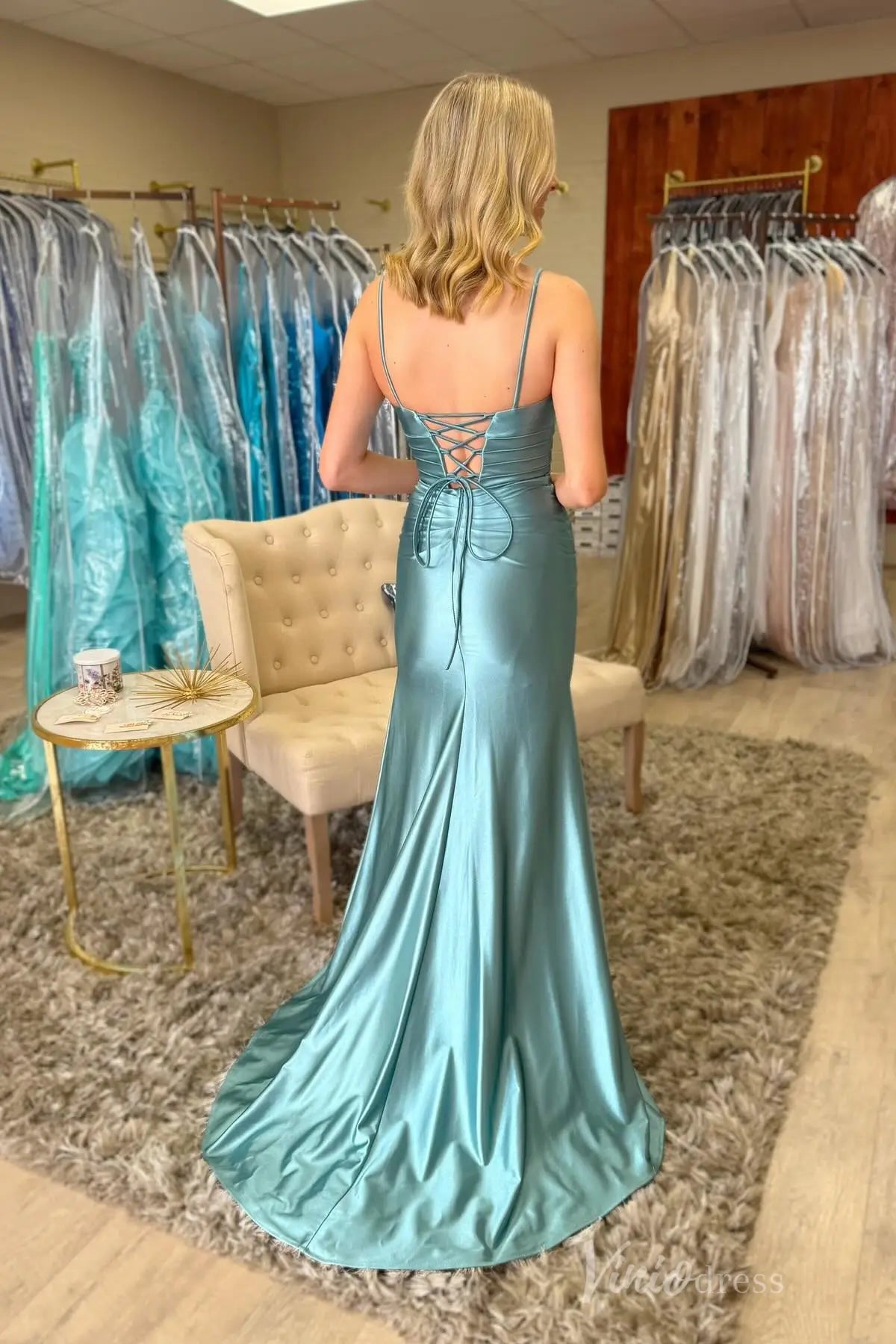 Teal Satin Prom Dress with Spaghetti Straps, Draped Bodice, High Slit, and Lace-Up Back – SS074-prom dresses 2025 -Viniodress-Teal-Custom Size-
