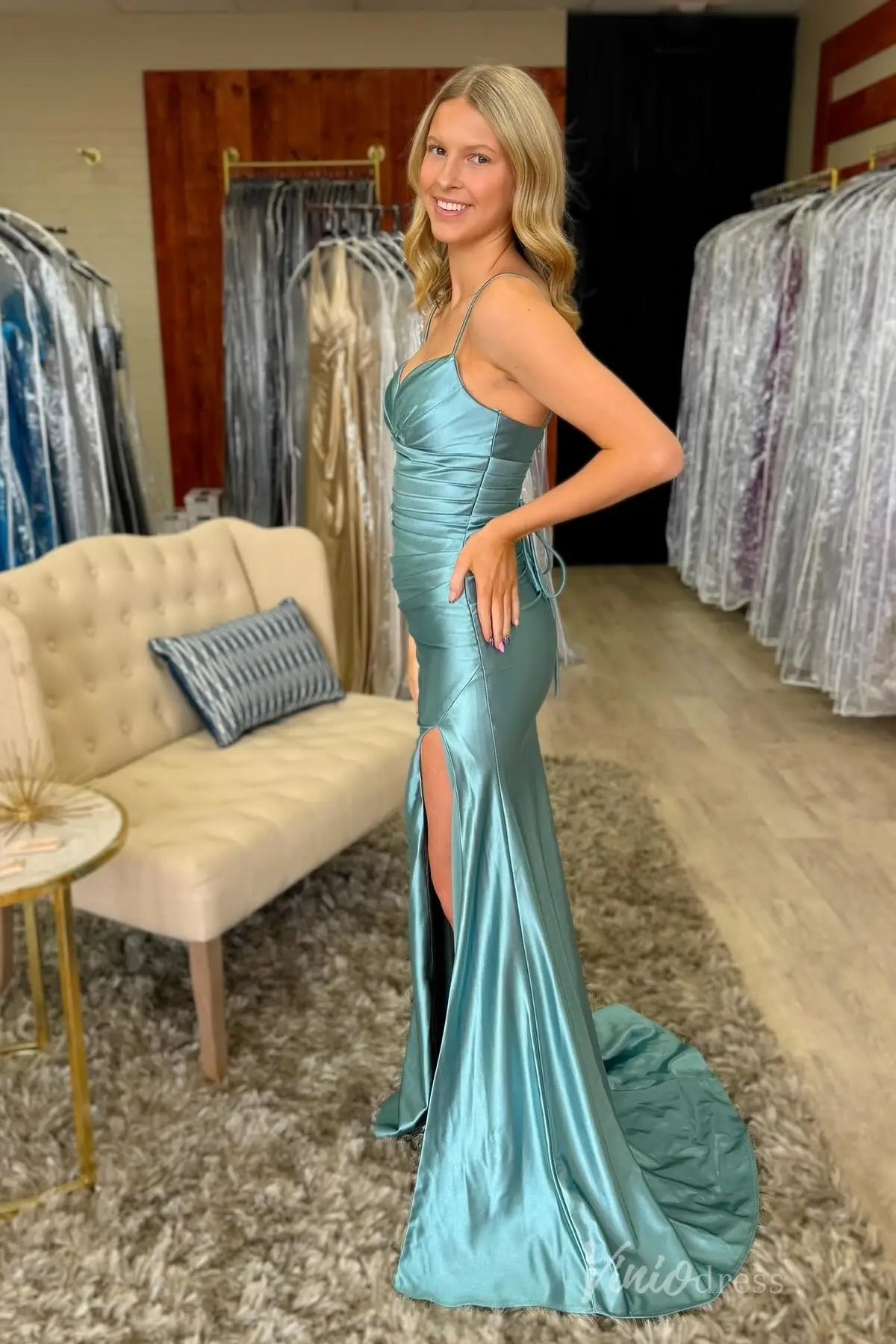 Teal Satin Prom Dress with Spaghetti Straps, Draped Bodice, High Slit, and Lace-Up Back – SS074-prom dresses 2025 -Viniodress-Teal-Custom Size-