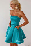 Teal Strapless Satin Cheap Homecoming Dresses with Pockets SD1551