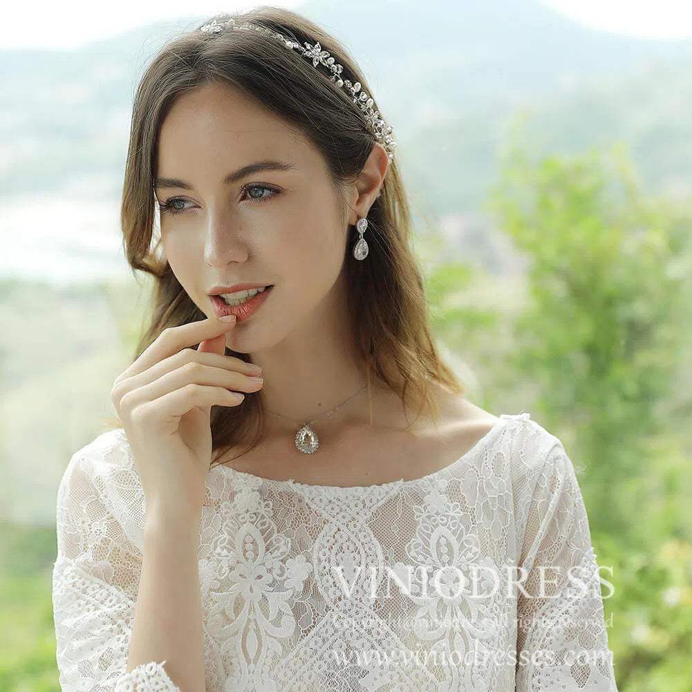 Teardrop Stone Backdrop Necklace & Earrings Set Viniodress AC1072-Bridal Jewelry 2025 -Viniodress-Silver-