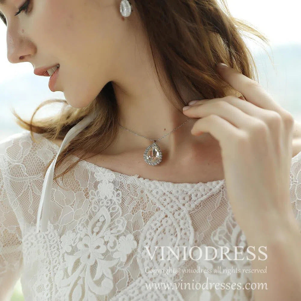Teardrop Stone Backdrop Necklace & Earrings Set Viniodress AC1072-Bridal Jewelry 2025 -Viniodress-Silver-