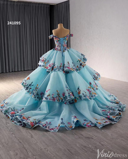 Tiered Blue Quinceanera Dress Off the Shoulder Ball Gown Wedding Dresses 241095-Quinceanera Dresses 2025 -Viniodress-Blue-Custom Size-