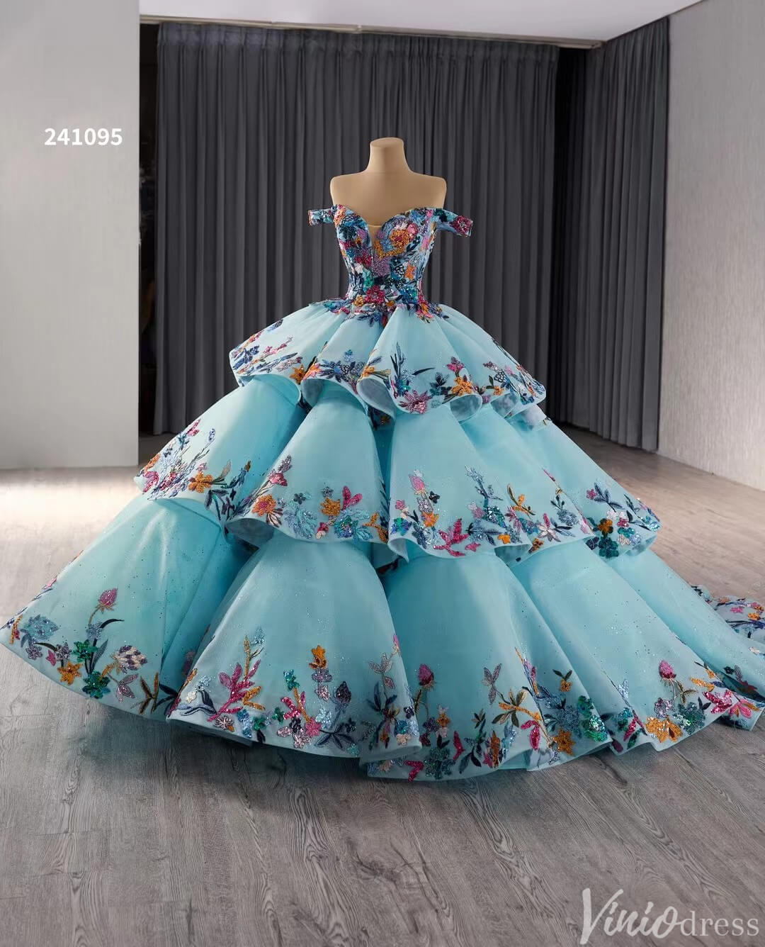 Tiered Blue Quinceanera Dress Off the Shoulder Ball Gown Wedding Dresses 241095-Quinceanera Dresses 2025 -Viniodress-Blue-Custom Size-
