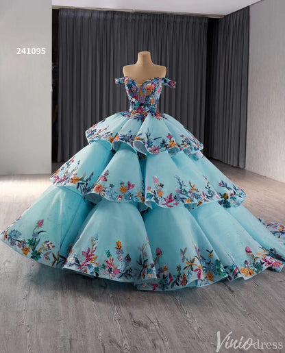 Tiered Blue Quinceanera Dress Off the Shoulder Ball Gown Wedding Dresses 241095-Quinceanera Dresses 2025 -Viniodress-Blue-Custom Size-