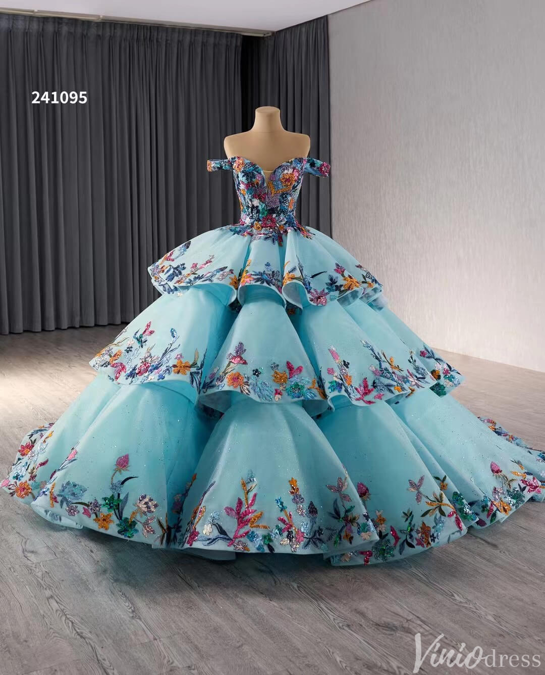 Tiered Blue Quinceanera Dress Off the Shoulder Ball Gown Wedding Dresses 241095-Quinceanera Dresses 2025 -Viniodress-Blue-Custom Size-