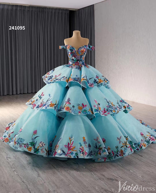 Tiered Blue Quinceanera Dress Off the Shoulder Ball Gown Wedding Dresses 241095-Quinceanera Dresses 2025 -Viniodress-Blue-Custom Size-