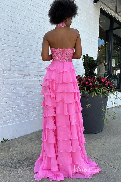 Tiered Chiffon Ruffle Prom Dresses with Slit FD3697-prom dresses 2025 -Viniodress-Strapless-Lavender-Custom Size