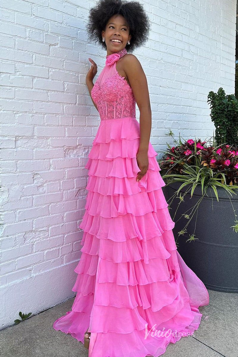 Tiered Chiffon Ruffle Prom Dresses with Slit FD3697-prom dresses 2025 -Viniodress-Strapless-Lavender-Custom Size