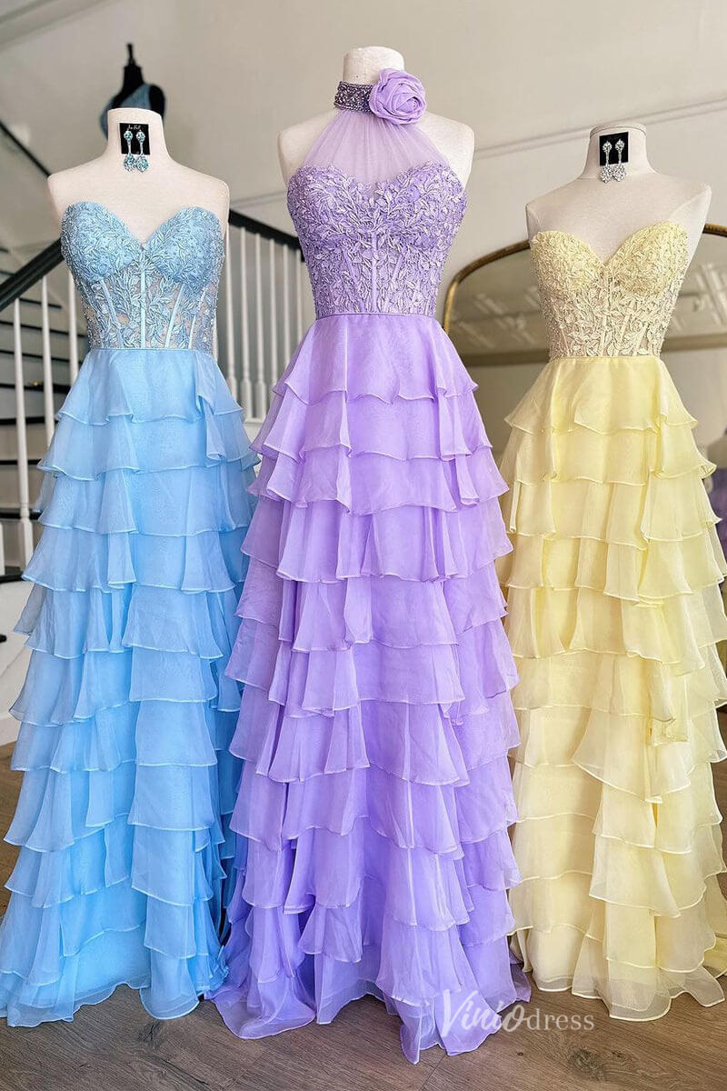 Tiered Chiffon Ruffle Prom Dresses with Slit FD3697-prom dresses 2025 -Viniodress-Strapless-Lavender-Custom Size