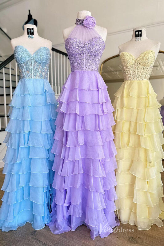 Tiered Chiffon Ruffle Prom Dresses with Slit FD3697-prom dresses 2025 -Viniodress-Strapless-Lavender-Custom Size