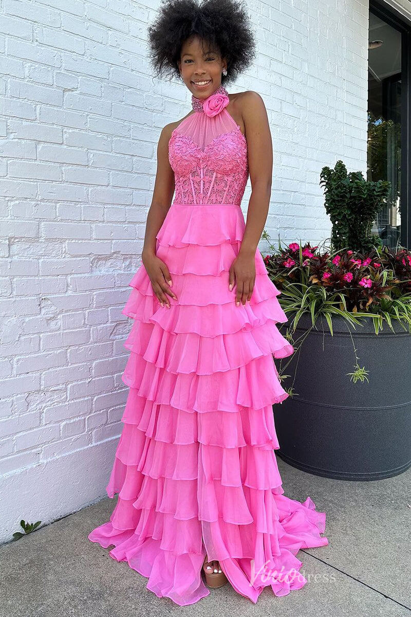 Tiered Chiffon Ruffle Prom Dresses with Slit FD3697-prom dresses 2025 -Viniodress-Strapless-Pink-Custom Size