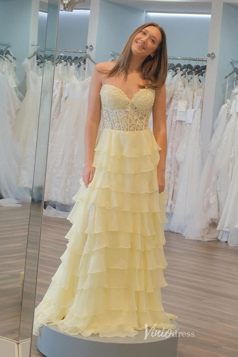 Tiered Chiffon Ruffle Prom Dresses with Slit FD3697-prom dresses 2025 -Viniodress-Strapless-Yellow-Custom Size