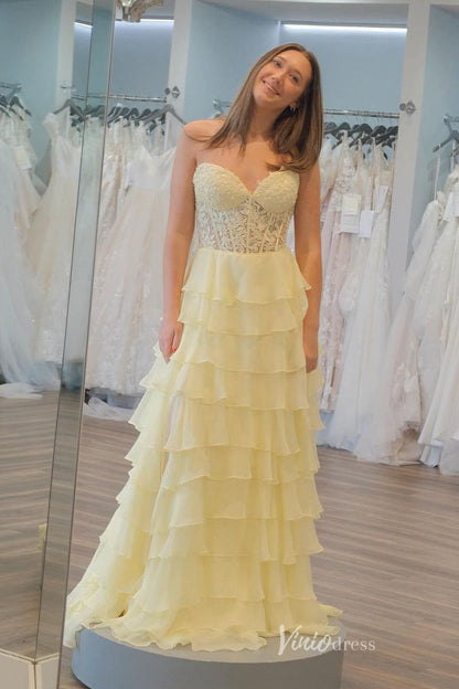 Tiered Chiffon Ruffle Prom Dresses with Slit FD3697-prom dresses 2025 -Viniodress-Strapless-Yellow-Custom Size