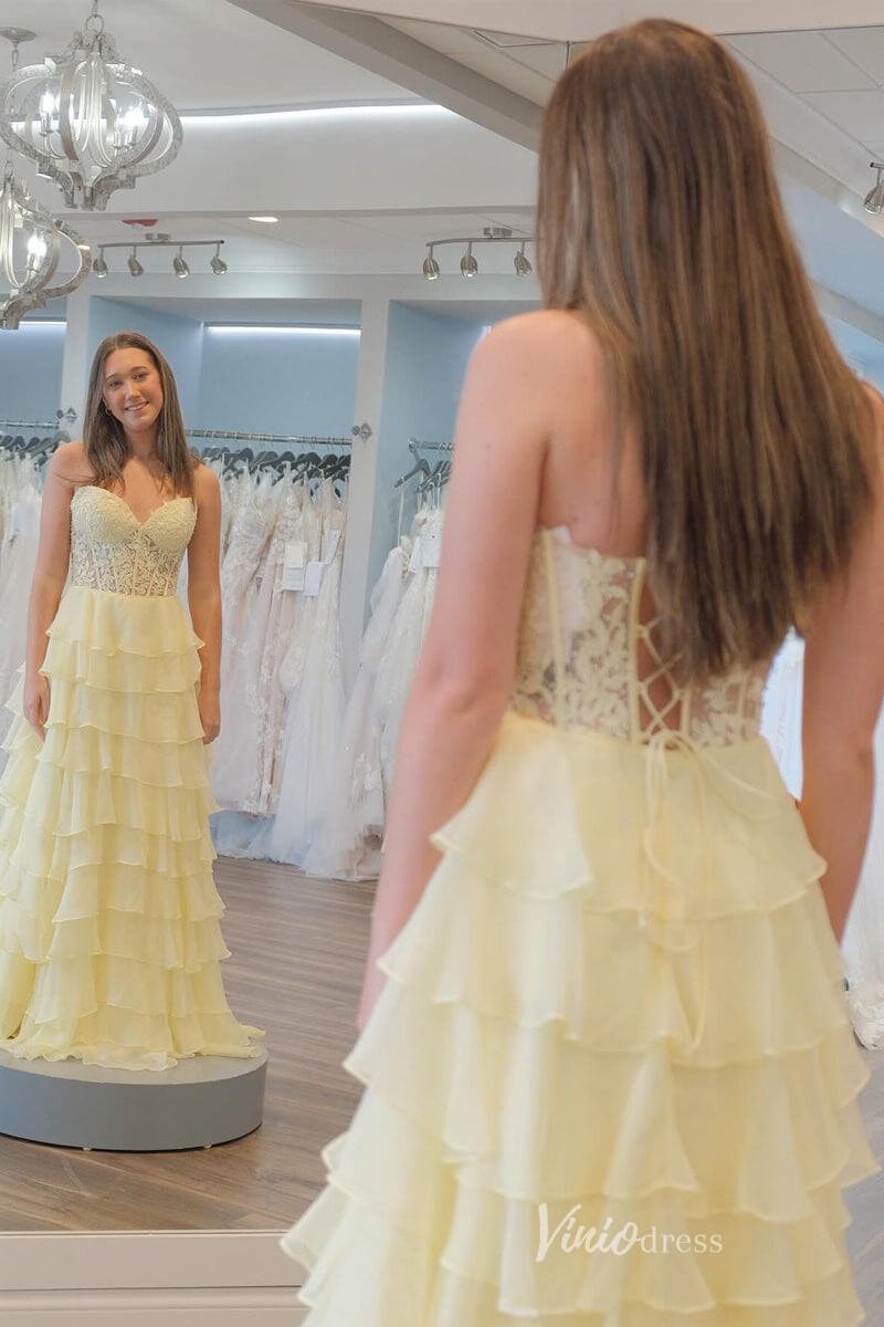 Tiered Chiffon Ruffle Prom Dresses with Slit FD3697 - Viniodressprom dressesStraplessYellow - Formal Dresses - Ball Gowns