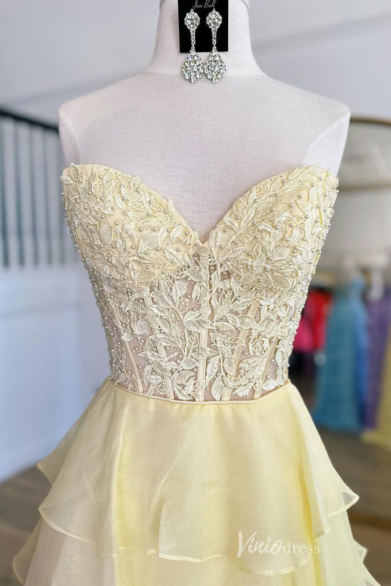 Tiered Chiffon Ruffle Prom Dresses with Slit FD3697 - Viniodressprom dressesStraplessYellow - Formal Dresses - Ball Gowns