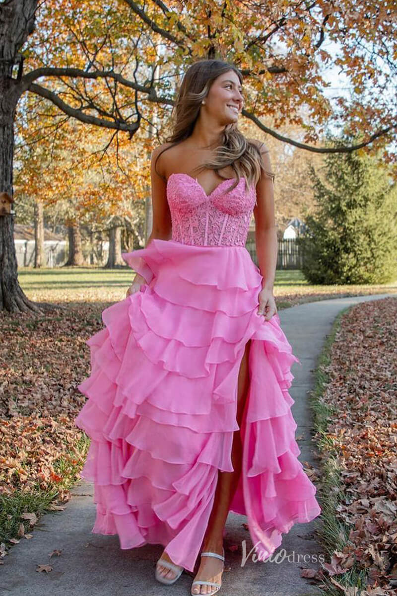 Tiered Chiffon Ruffle Prom Dresses with Slit FD3697 - Viniodressprom dressesStraplessPink - Formal Dresses - Ball Gowns