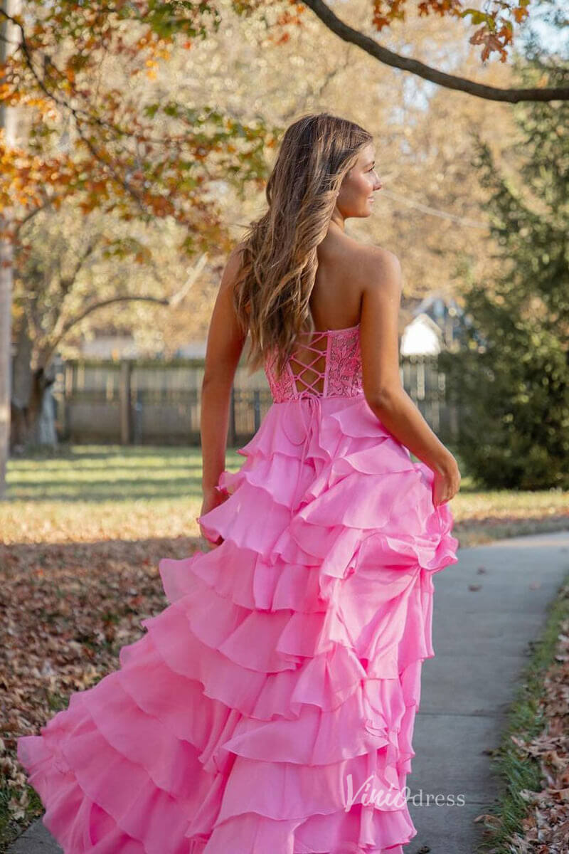 Tiered Chiffon Ruffle Prom Dresses with Slit FD3697 - Viniodressprom dressesStraplessPink - Formal Dresses - Ball Gowns